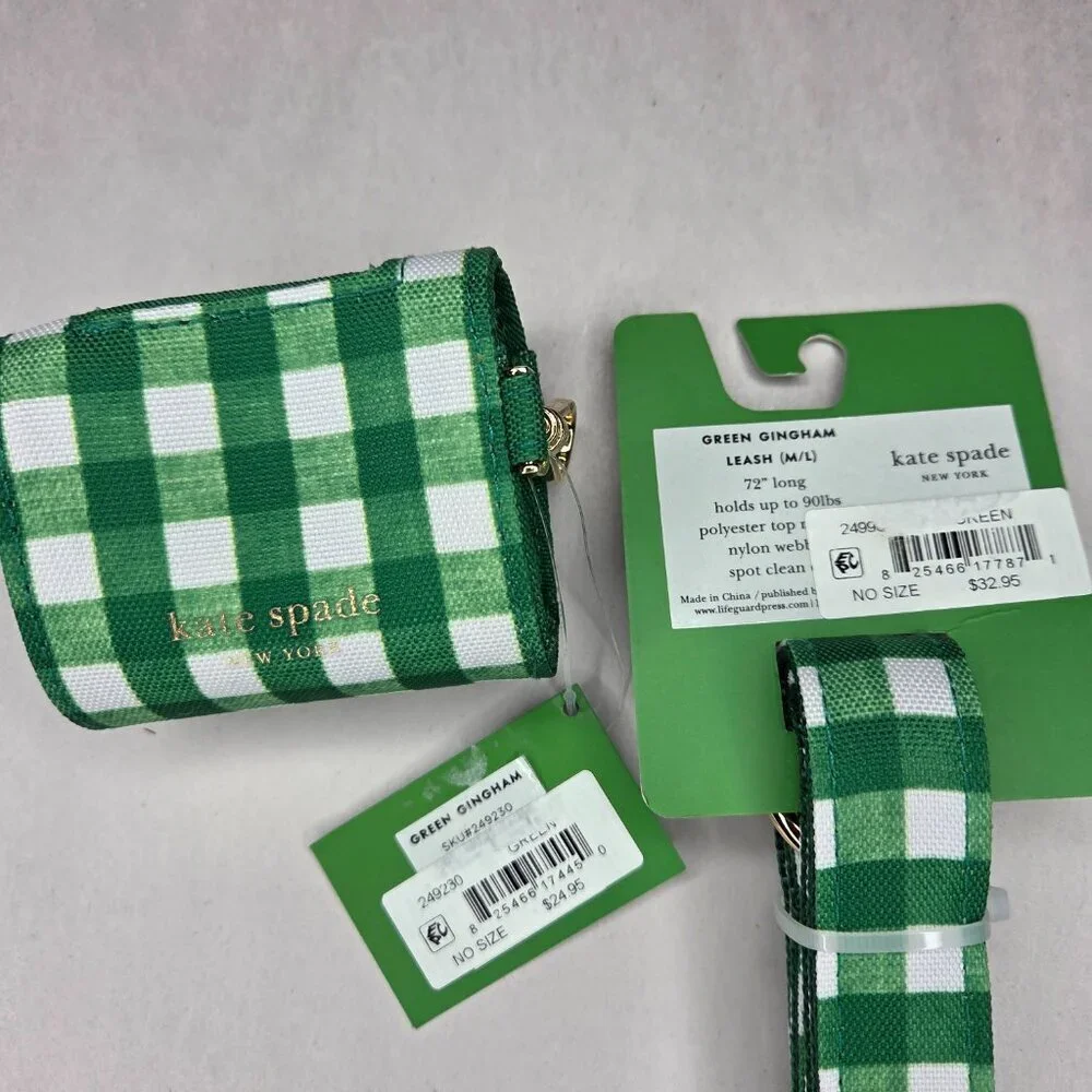 NWT Kate Spade Green Gingham Dog Leash & Doggie Bag Holder